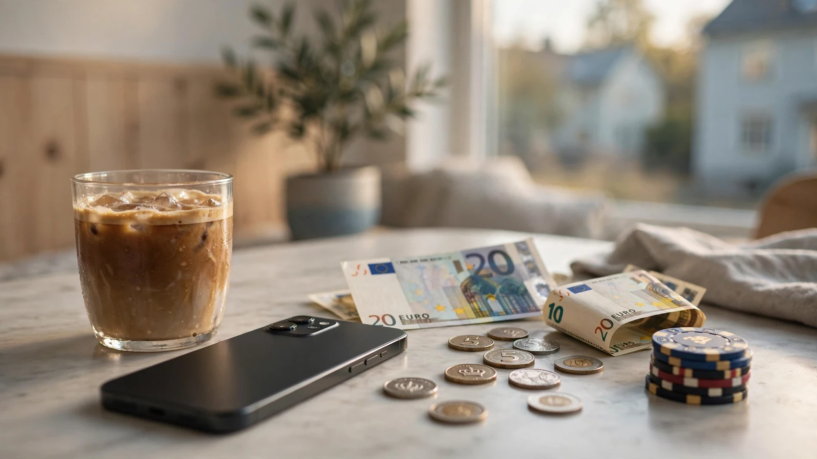 Euro-sedlar, krona-mynt och casinofickor på ett kafébord i Sverige.