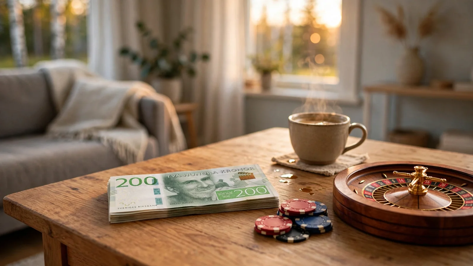 Svenskt myntbord med 200-kronorssedlar, casinomarker och rouletthjul i varmt ljus.