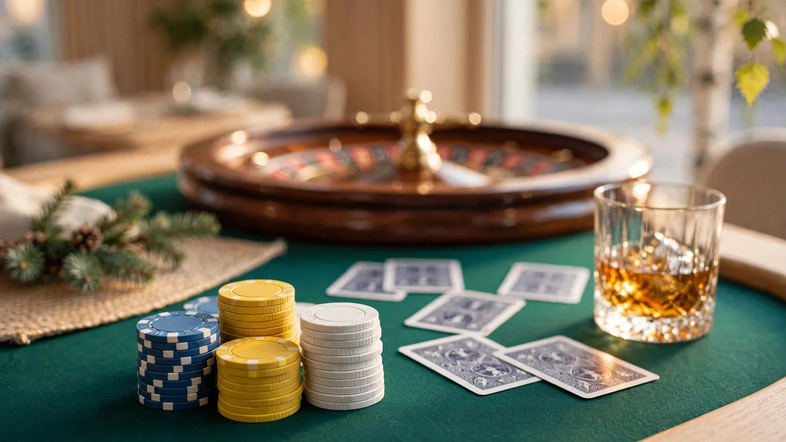 Elegant casinobord med pokerchips, roulettehjul och spelkort i varm belysning