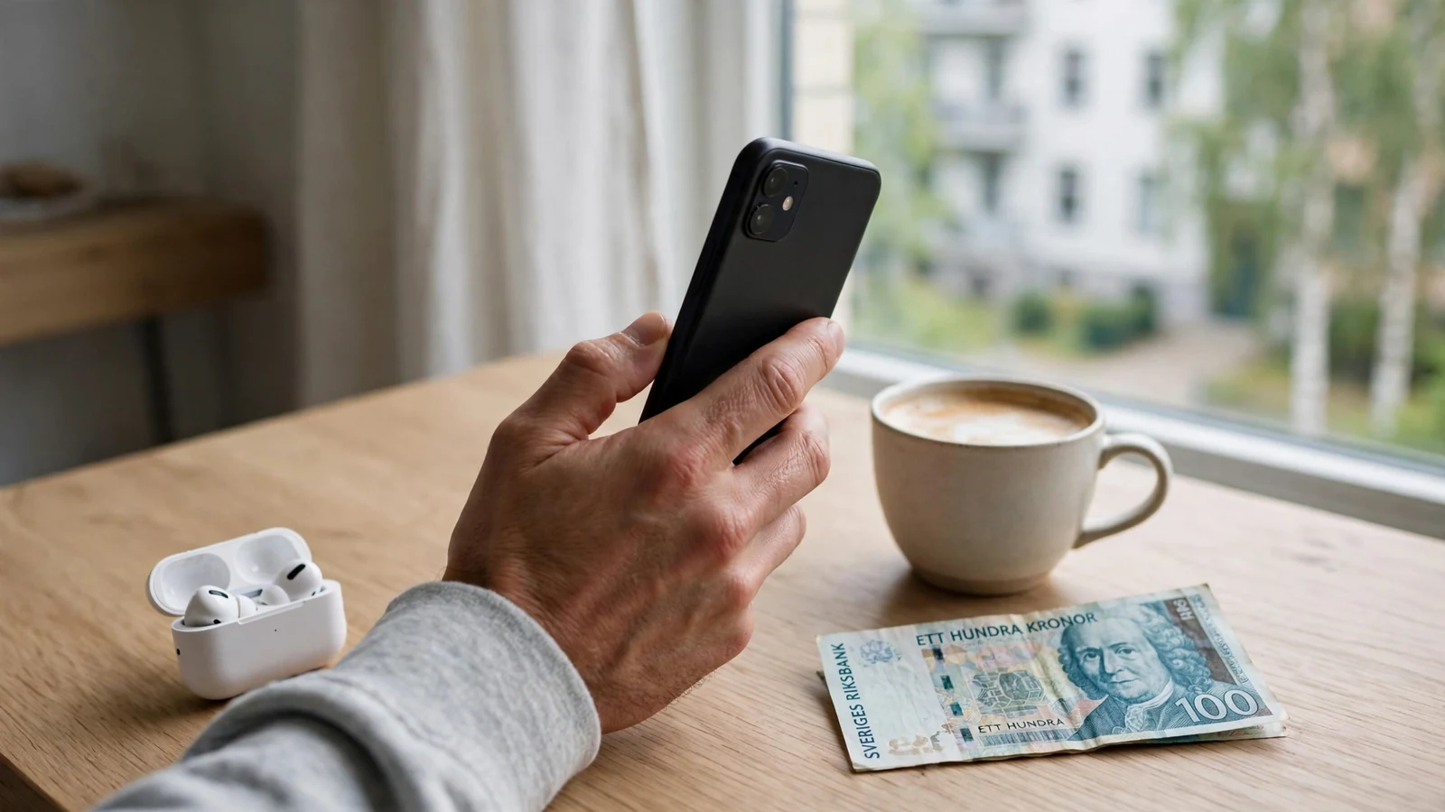 Hand som håller en smartphone med svenska kronor och kaffekopp på ett minimalistiskt nordiskt bord.
