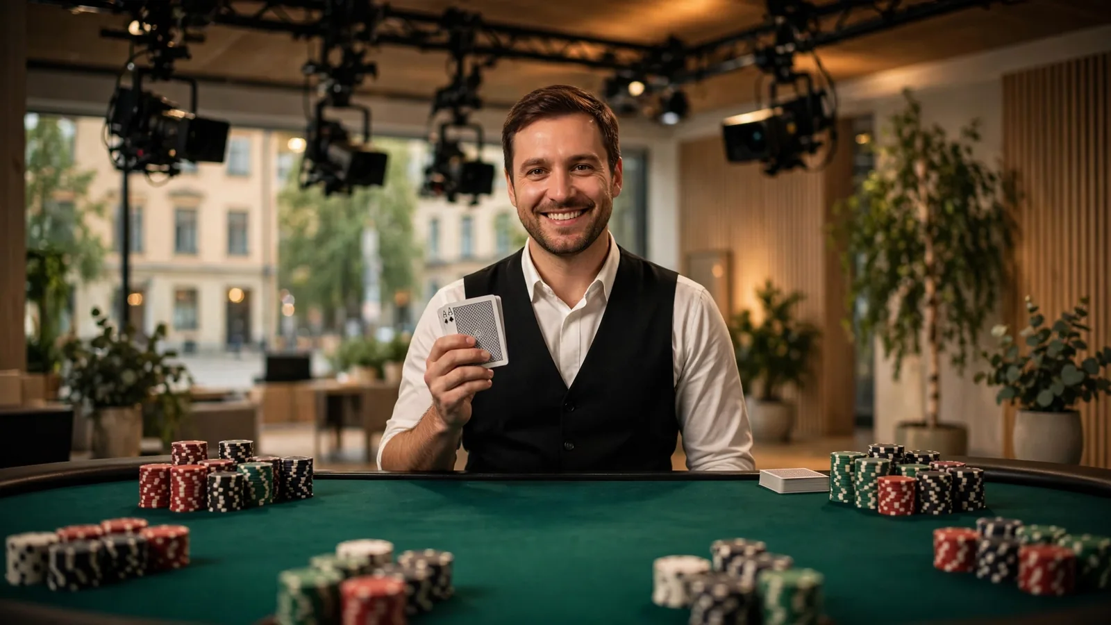 Professionell liveblackjack-dealer vid ett spelbord i en modern studio