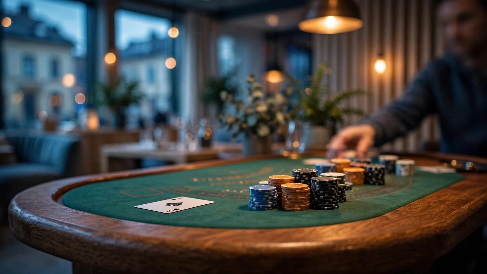 Blackjack-bord med marker och kort i en svensk casinomiljö