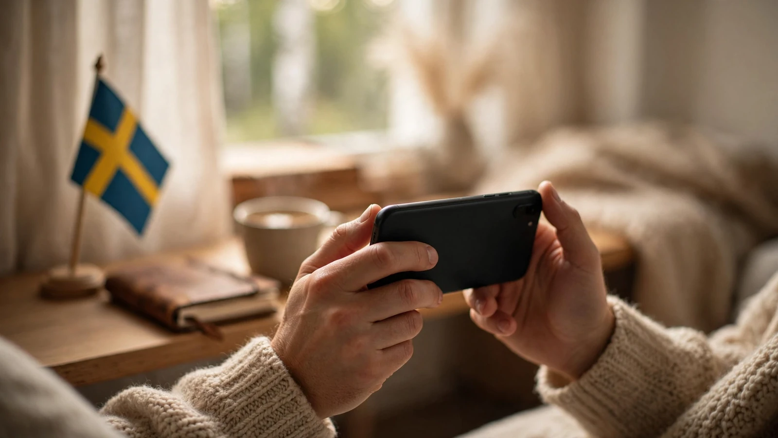 Händer som håller en smartphone i ett mysigt svenskt vardagsrum med svensk flagga