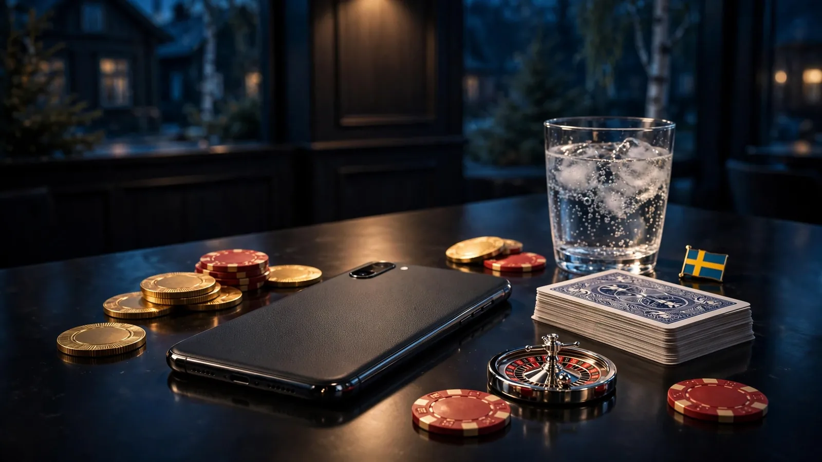 Telefon med casinochips, spelkort och roulette på mörkt bord, 2026