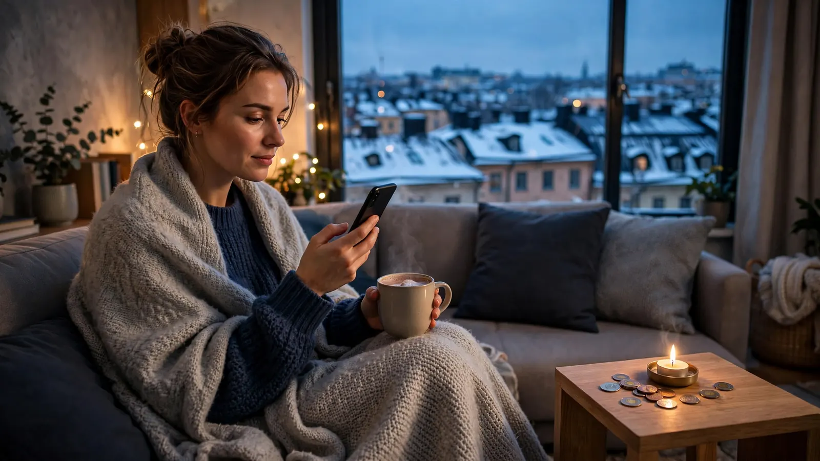 Avslappnad svensk spelare hemma i vardagsrum med smartphone och varm dryck
