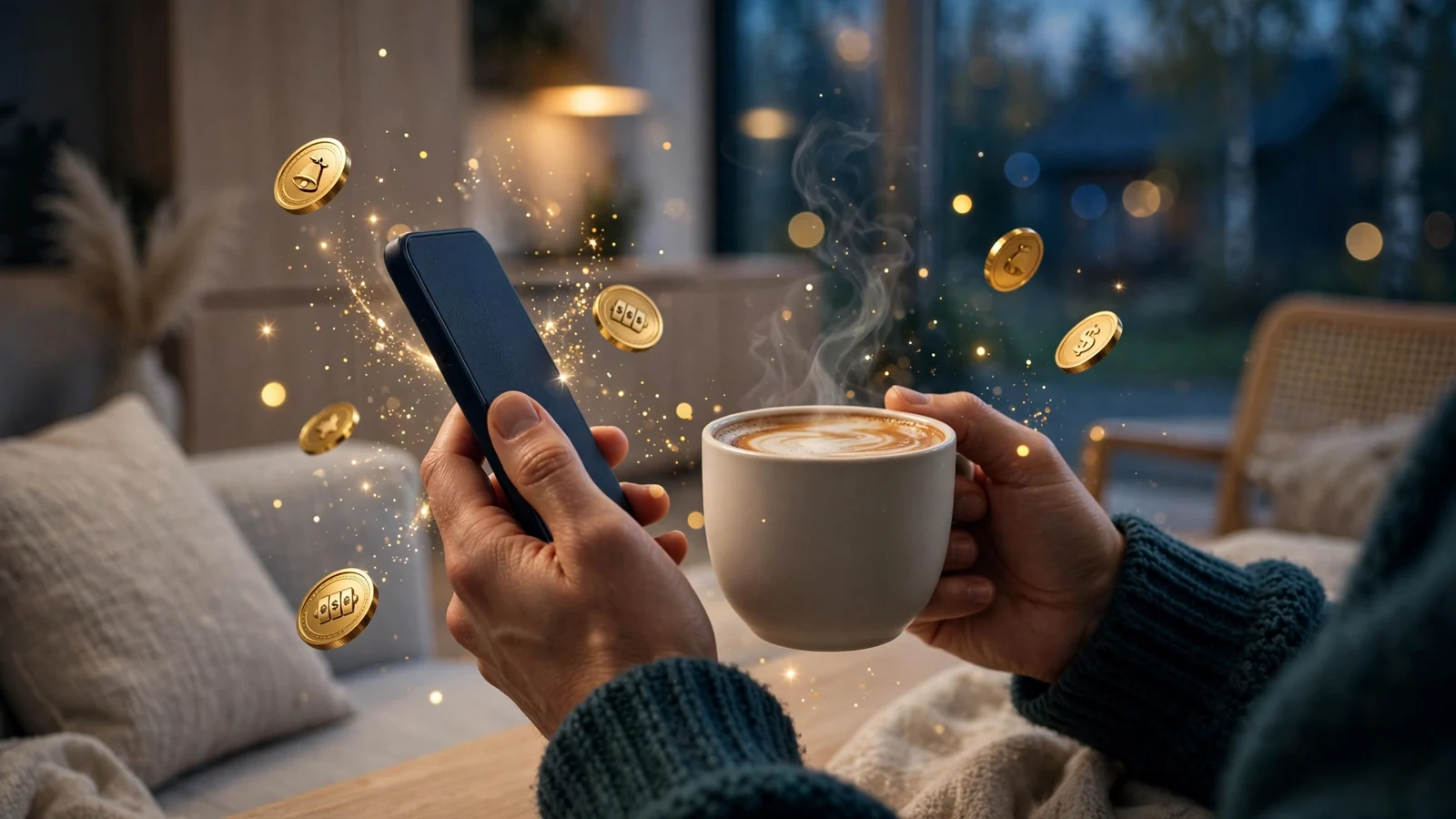 Händer som håller en telefon med guldglittrande mynt runt omkring i modern svensk inredning
