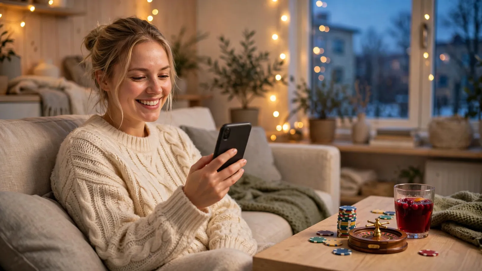 Kvinna i svensk vardagsrum med casino-tema och mysig belysning
