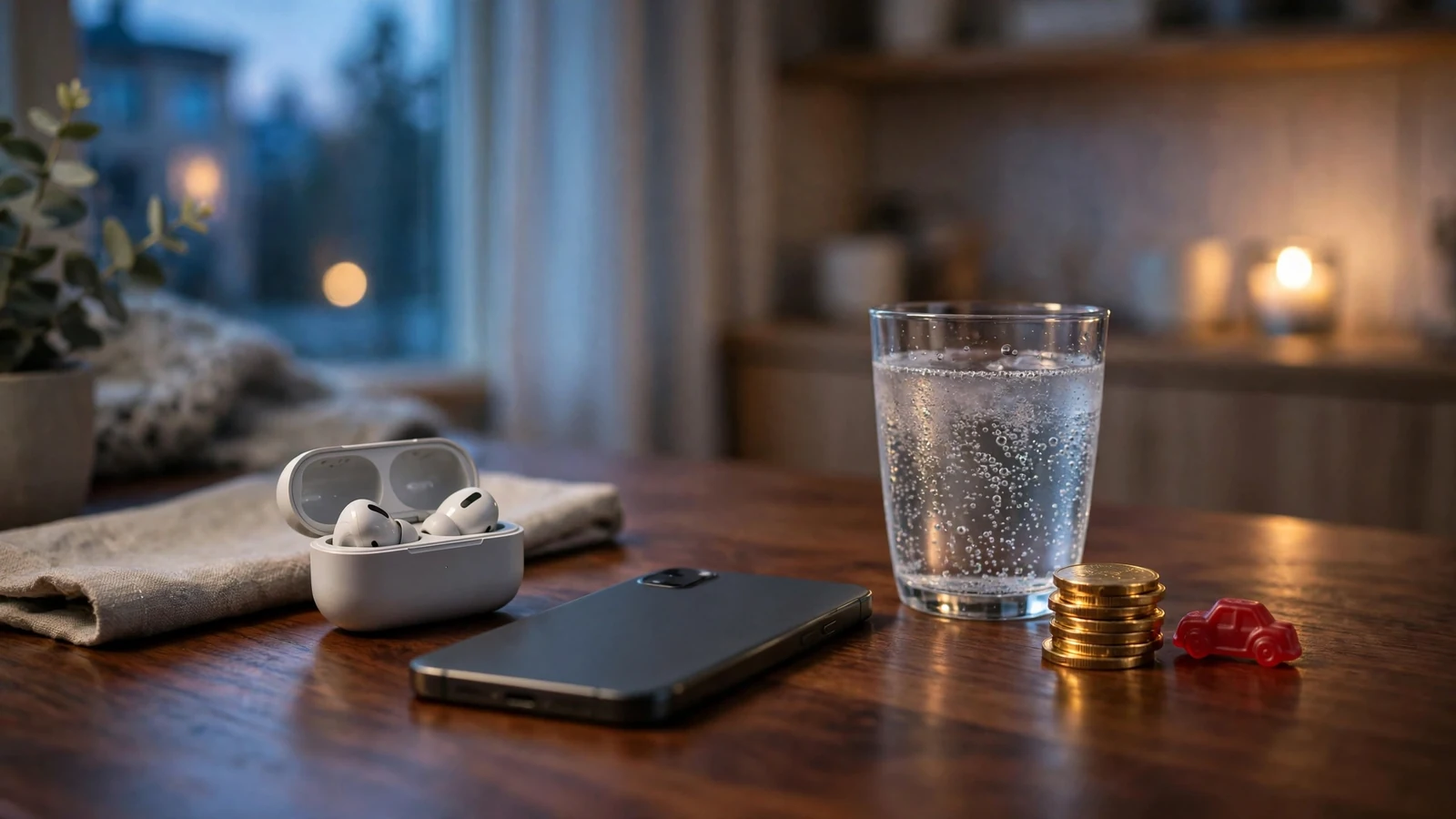 Smartphone med mynt och svenska detaljer på bord