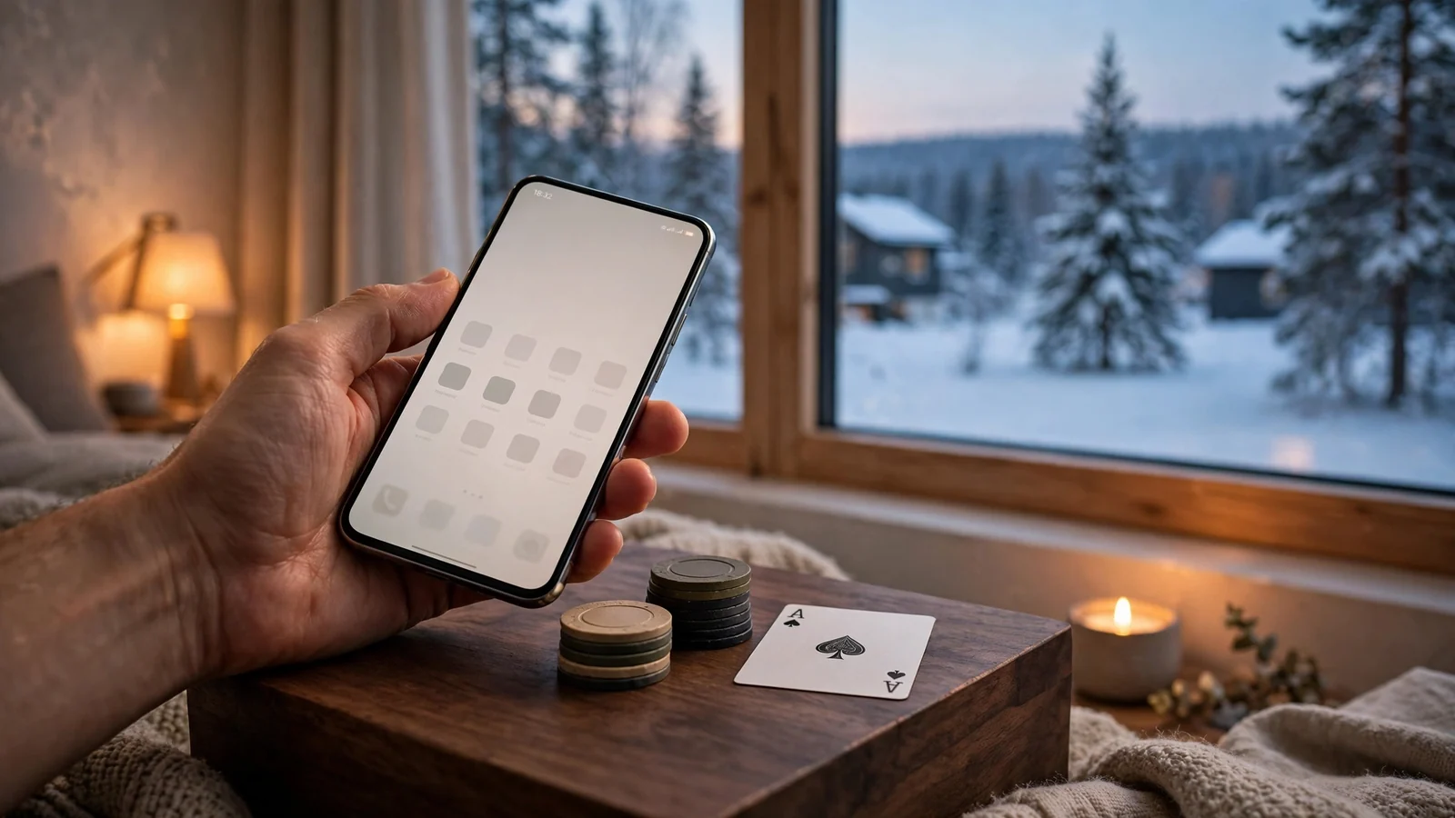 Smartphone i svenskt vardagsrum med casinoföremål och vinterutsikt genom fönstret