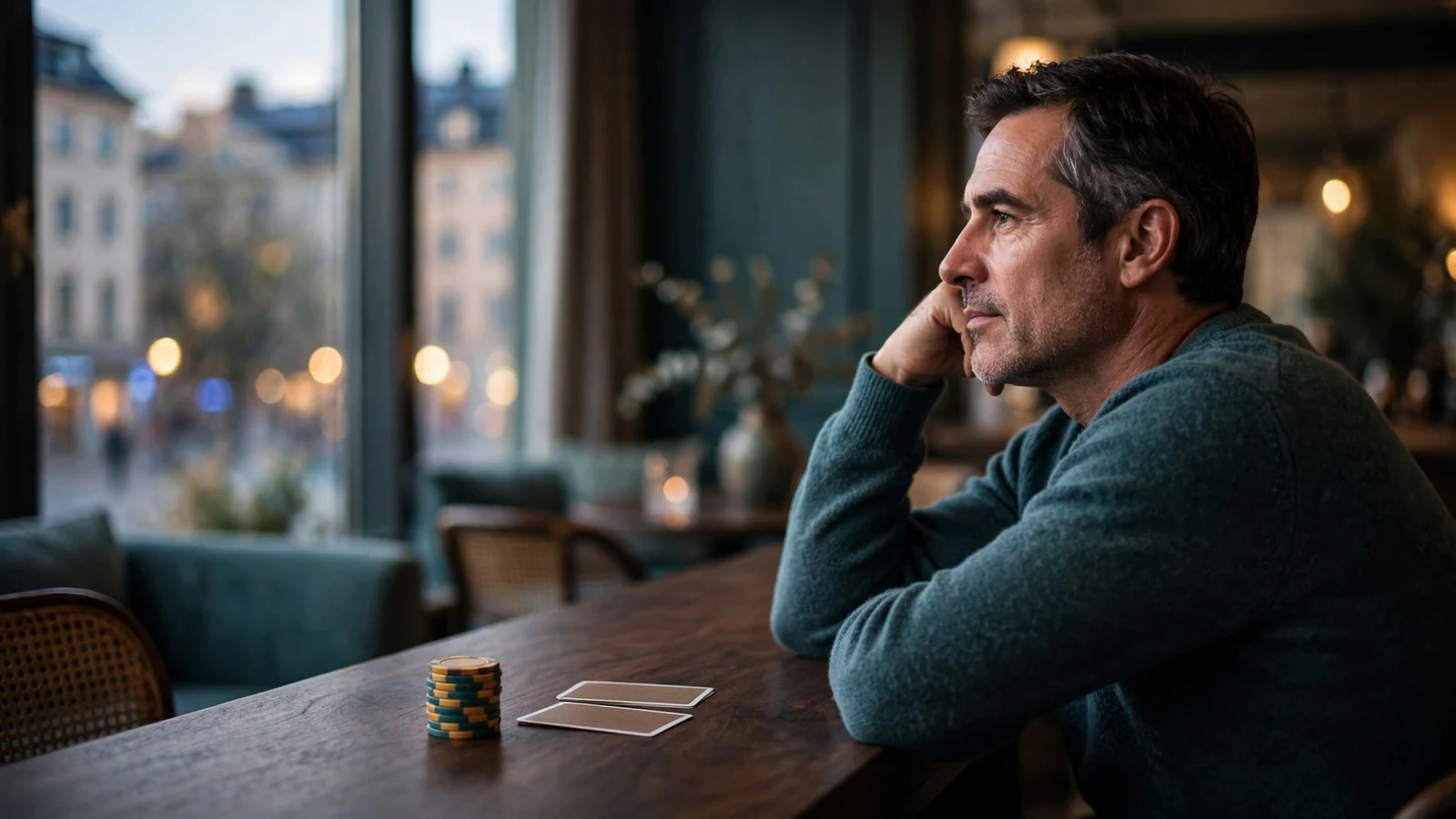 Avslappnad person i en stockholmsk lounge med casinomarker och kort på bardisken