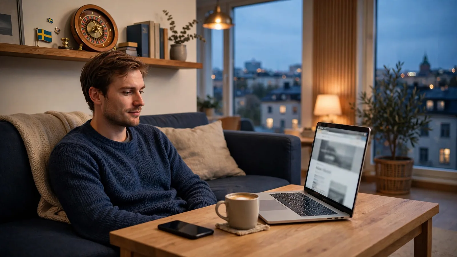 Svensk person i modernt vardagsrum med mobil och laptop, BankID-casino atmosfär