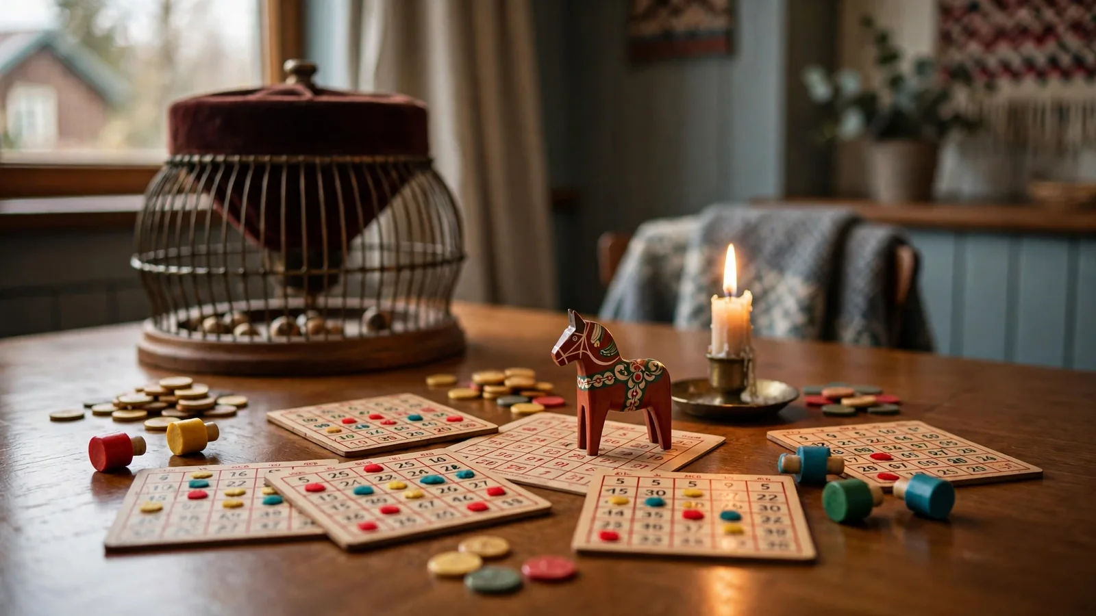 Svensk bingohall med brickor, marker och en bingkolv på bordet
