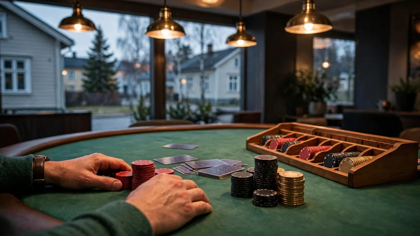 Svartjack-bord med marker och kort på grönt filttyg