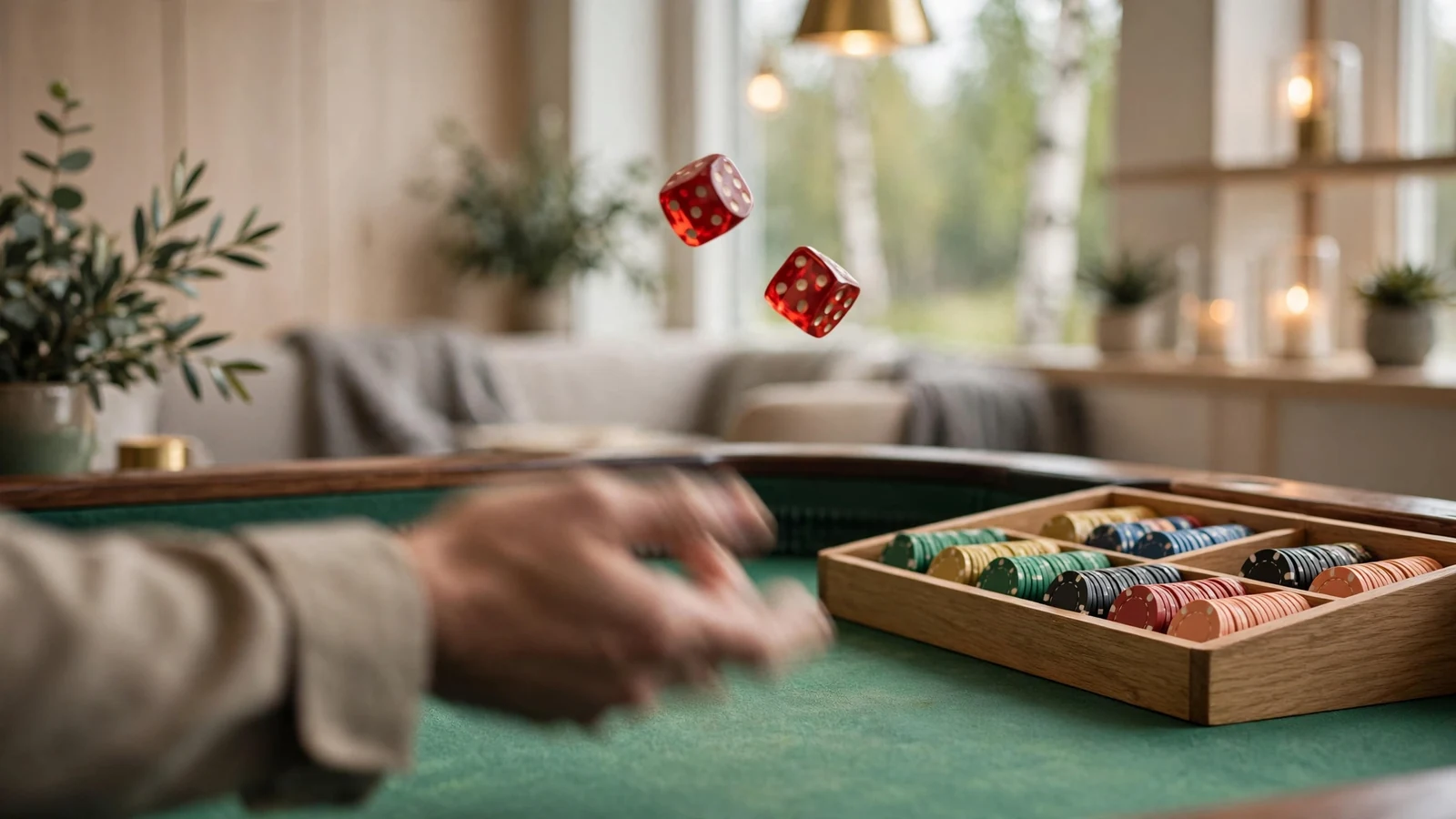 Tärningar i luften ovanför crapsbordet på ett casino