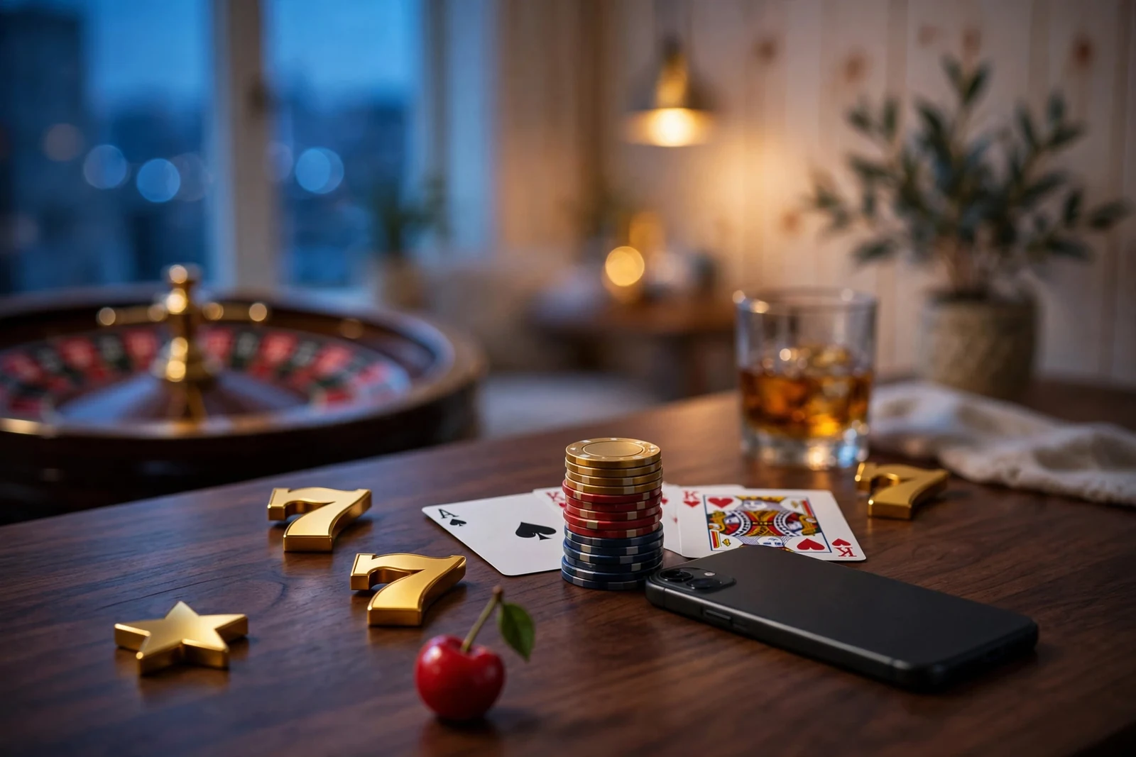 Casinomiljö med spelmarker, kort och färgglada slotsymboler på ett mörkt bord