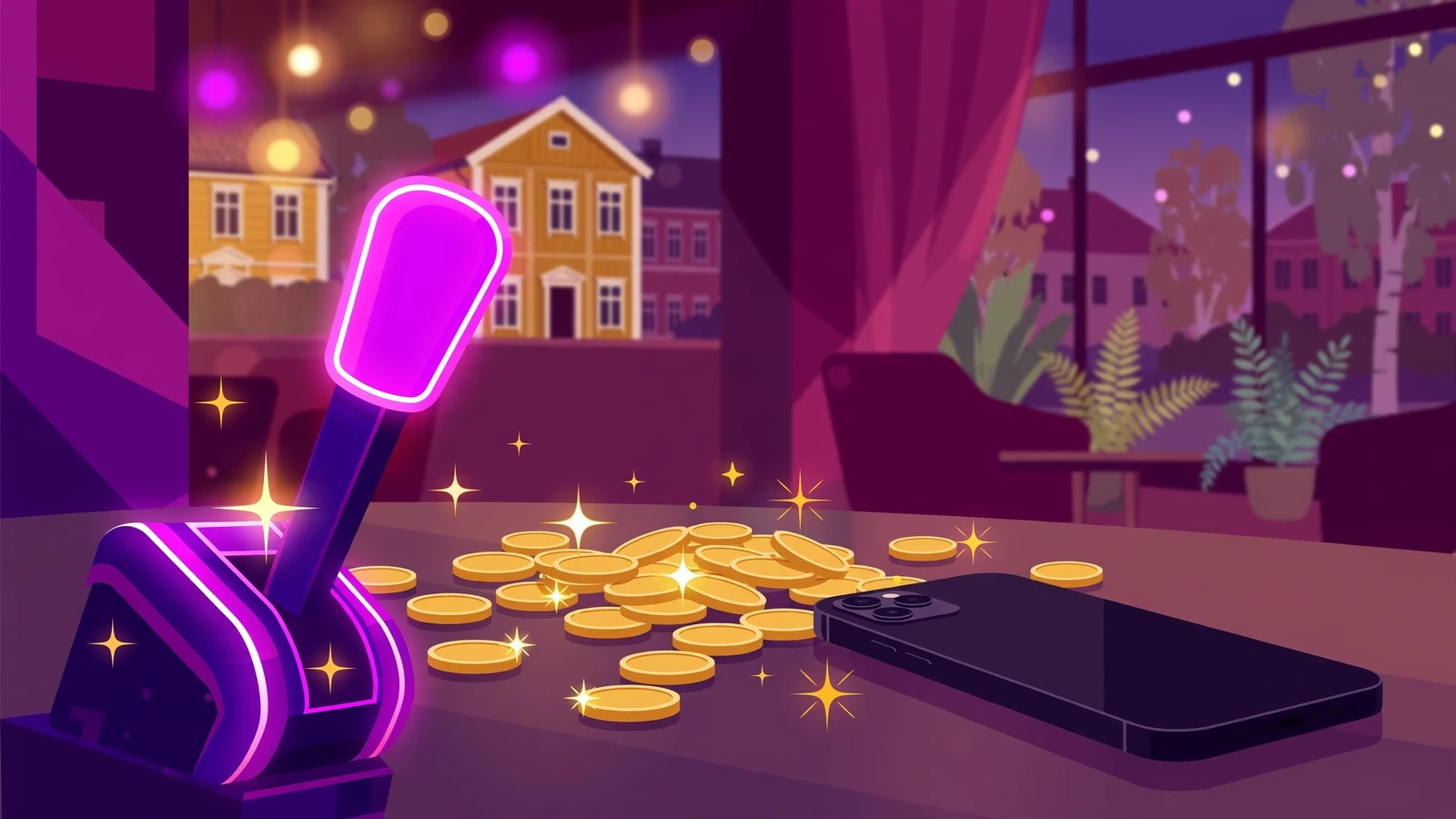 Färgglad illustration av en spelautomat med mynt och stjärnor