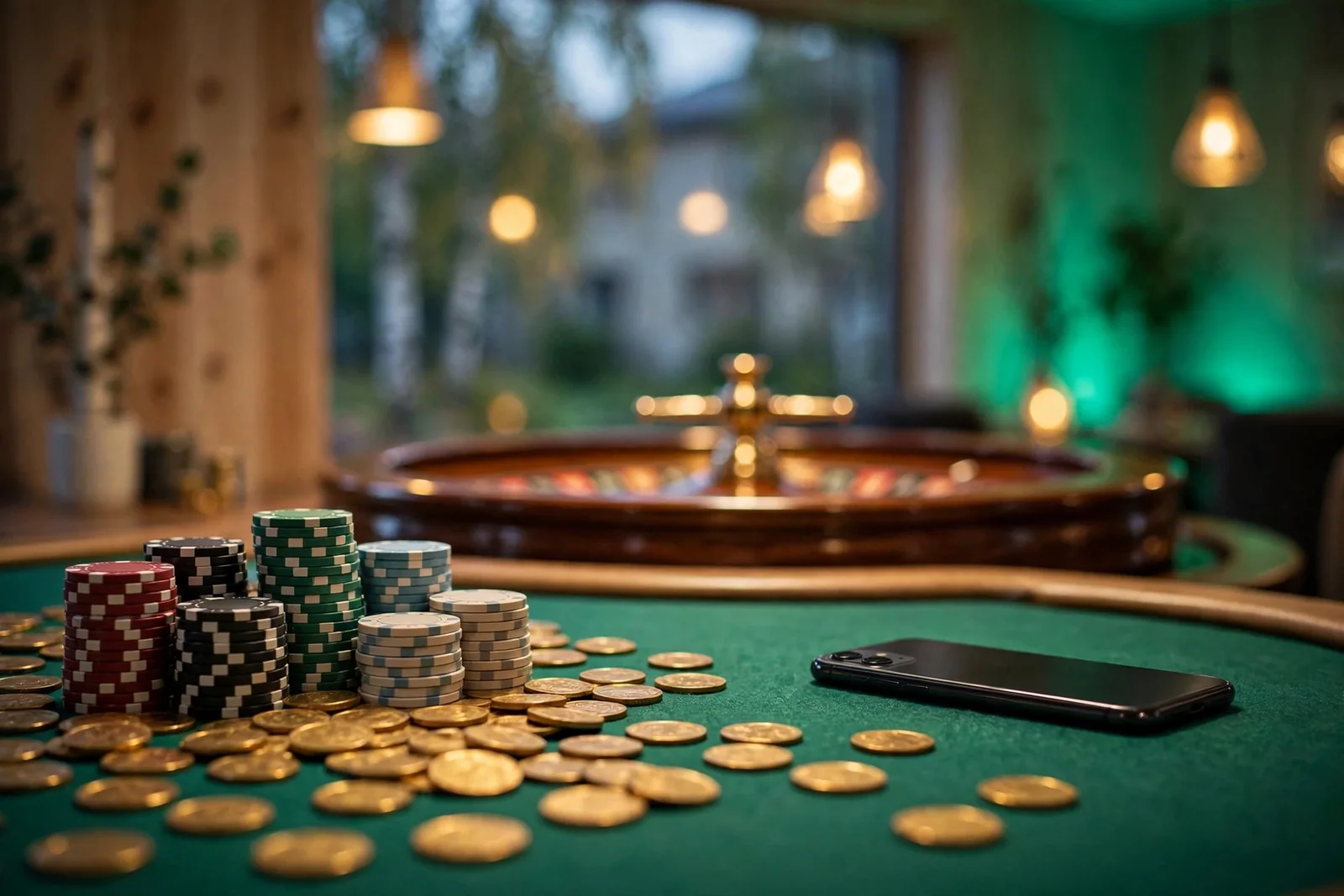 Elegant casinobord med marker, roulettehjul och guldmynt i varm belysning