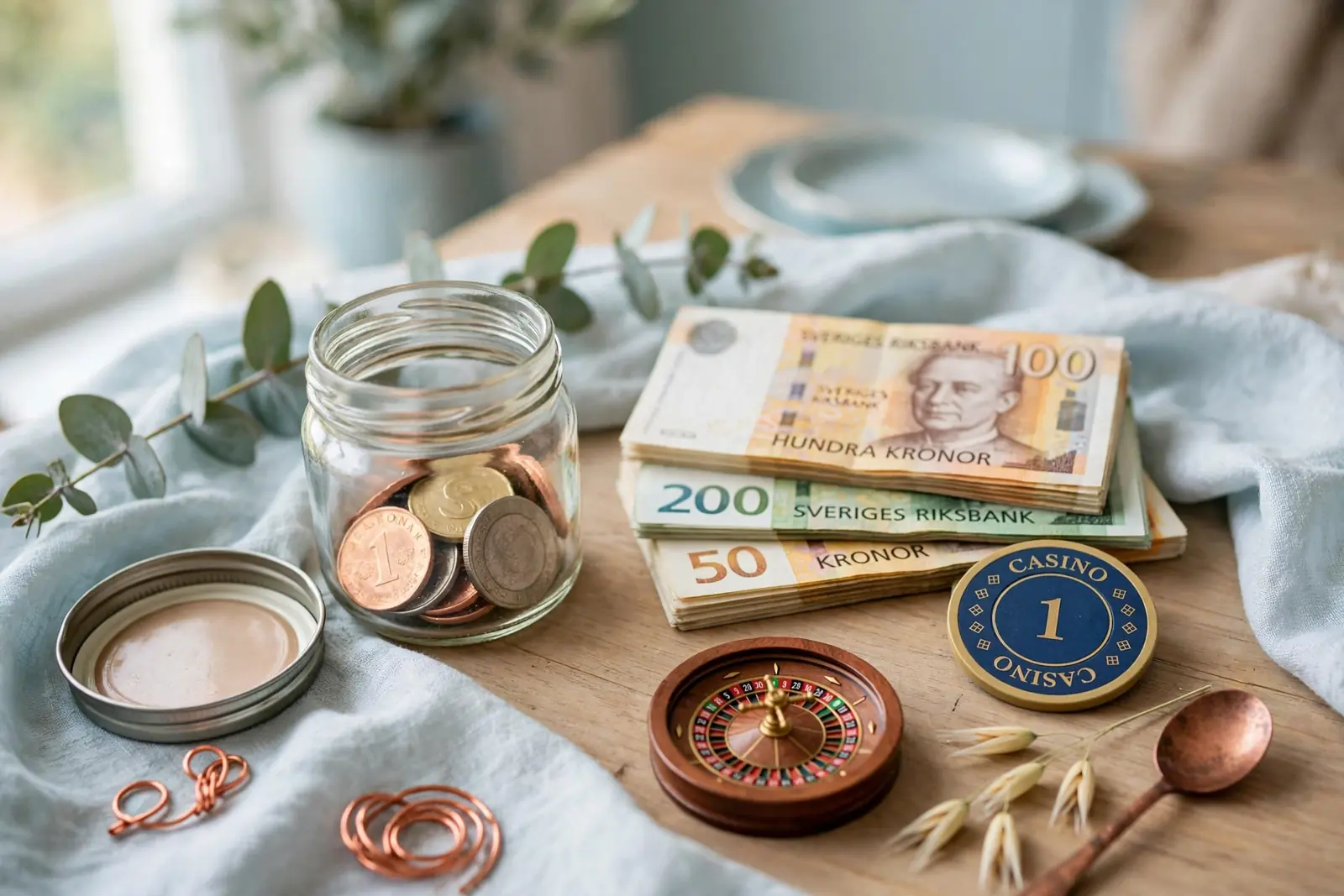 Liten burk med svenska kronor och en casinobricka på träbord