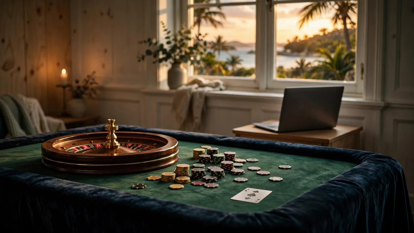Elegant casinobord med roulette, marker och en laptop i bakgrunden