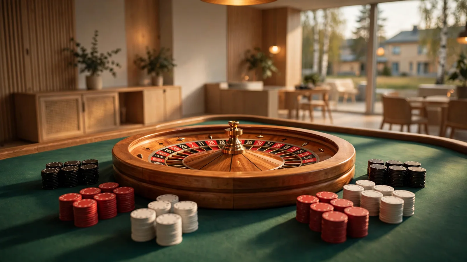 Elegant roulettehjul på grönt filtbord i modern svensk casinomiljö