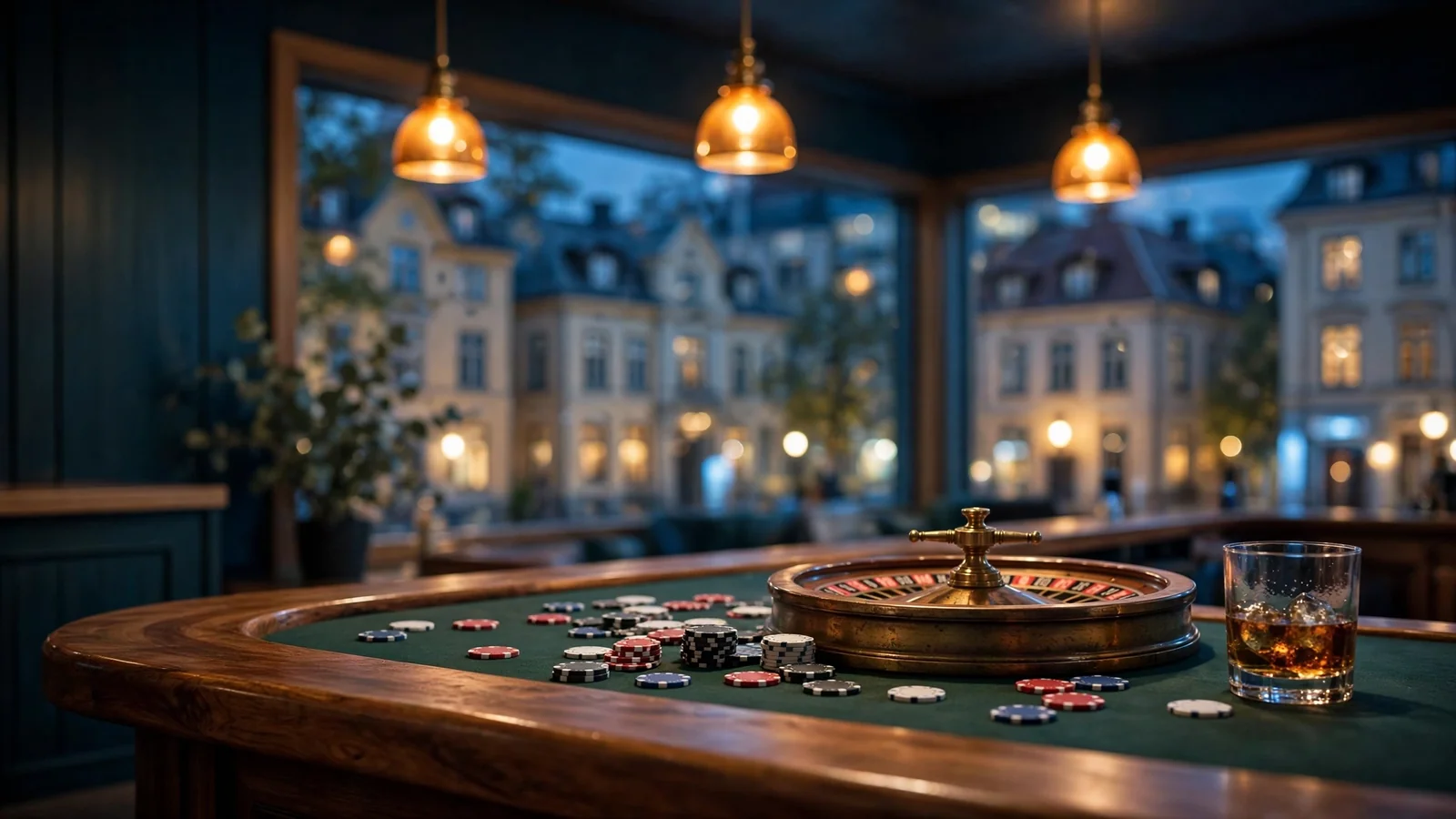 Mörkt skandinaviskt casinolounge med roulettehjul och marker