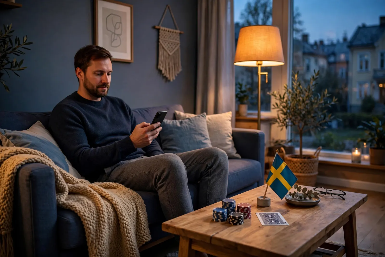 Person i soffa med mobil, casinofigurer och svensk flagga