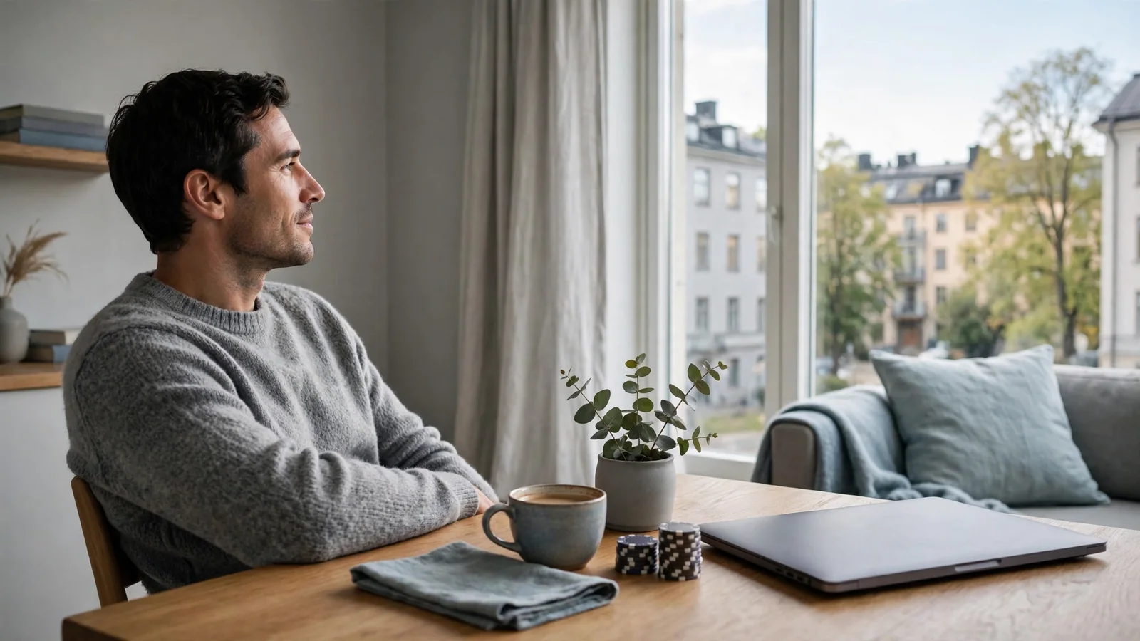 Avslappnad stund vid bordet med spelmarker i en modern svensk lägenhet