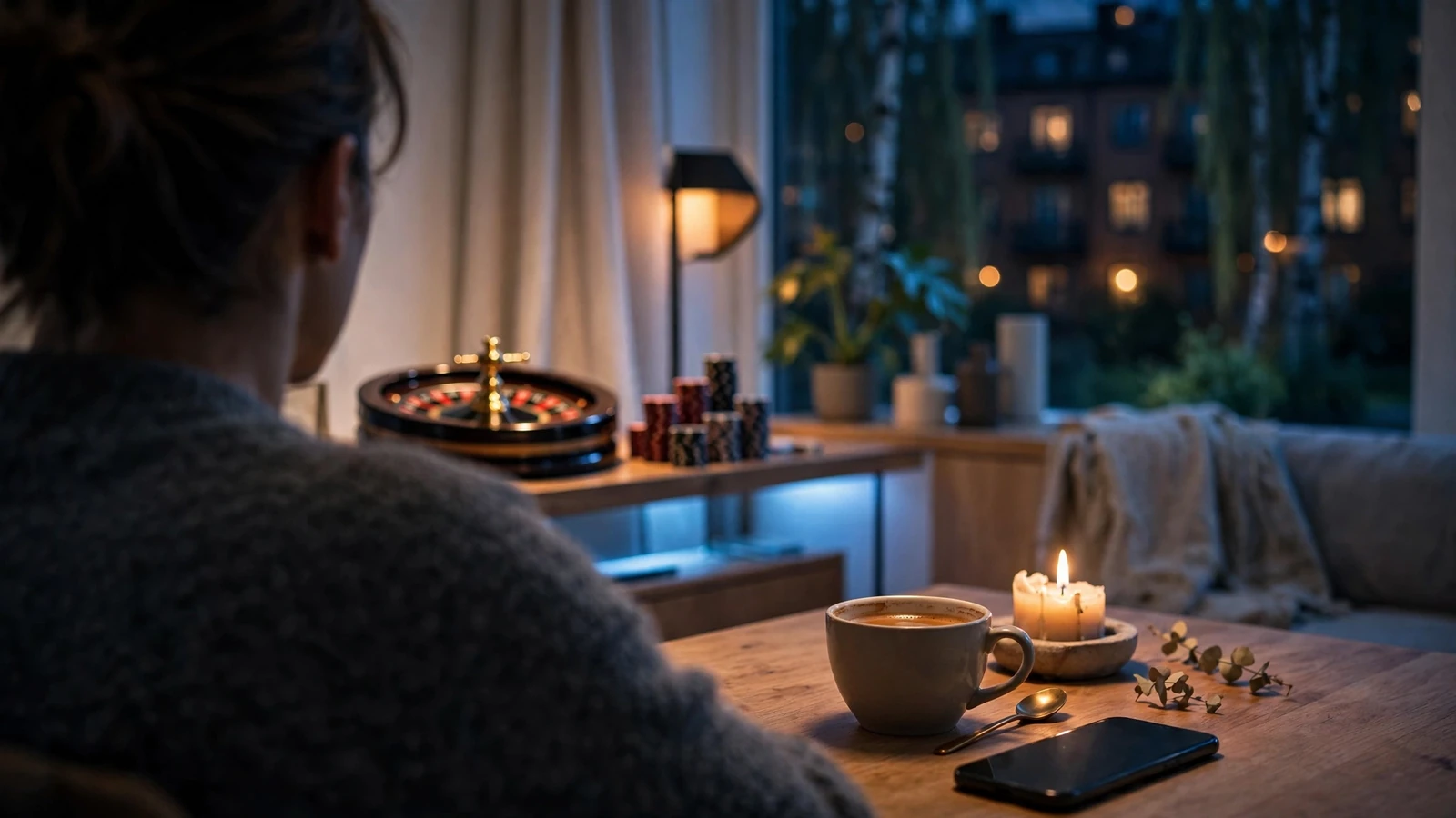 Stämningsfullt nattfoto av ett onlinecasino utan synlig skärm