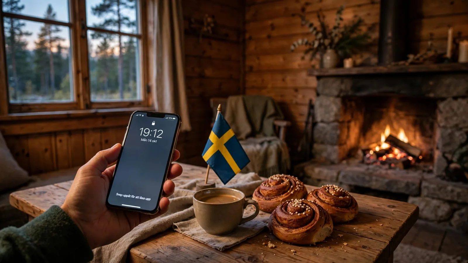 Svensk timmerstuga med brasa, telefon och kanelbulle i varm belysning
