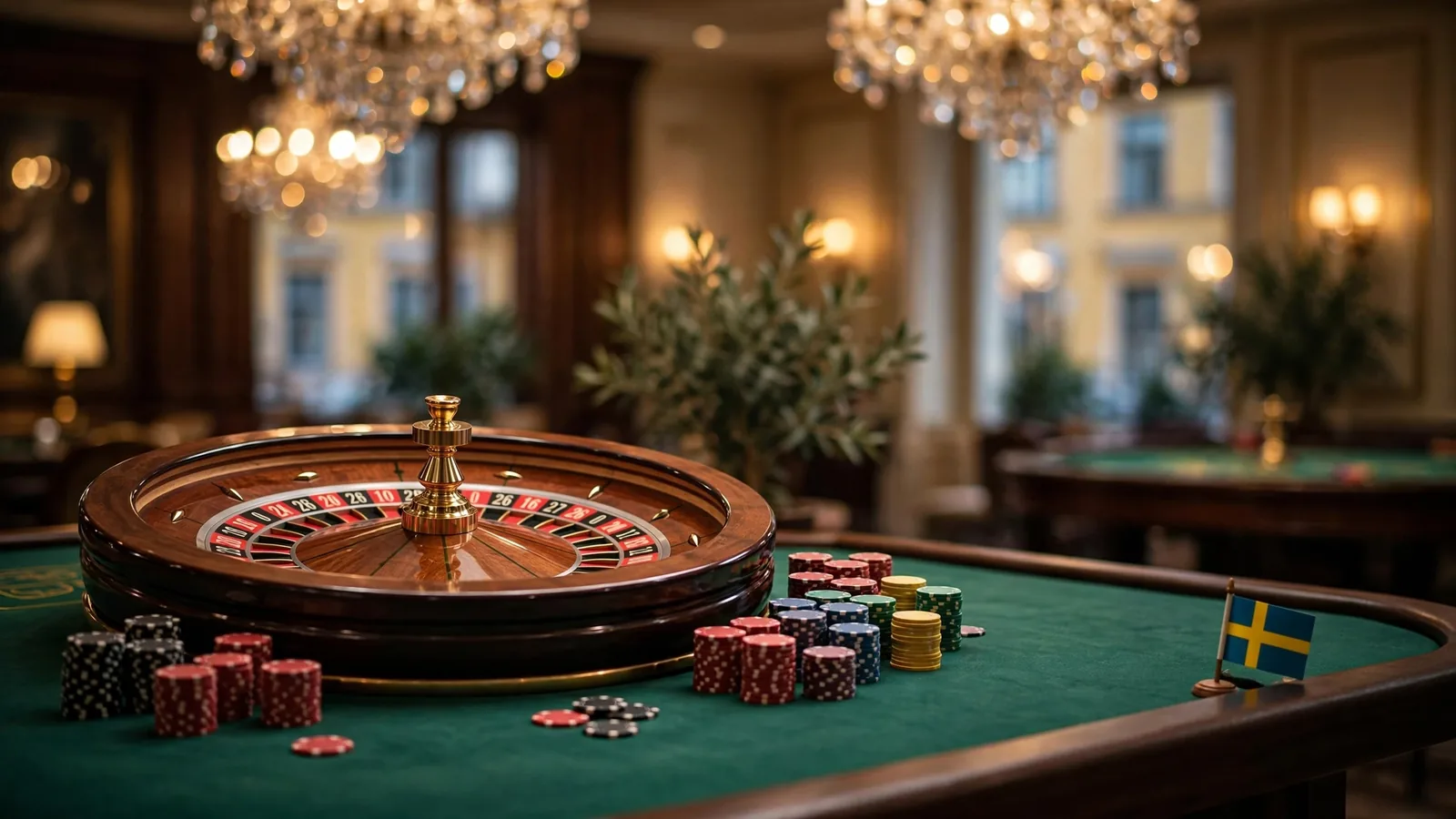 Elegant roulettehjul på grönt filtbord med casinomarker i lyxig miljö