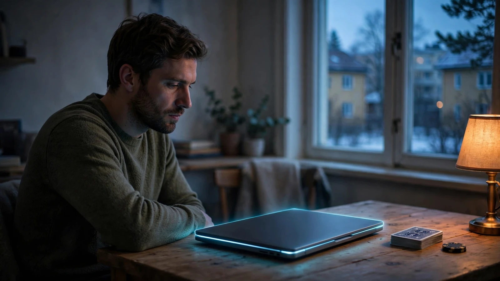 Person vid skrivbord med stängd bärbar dator och spelkort