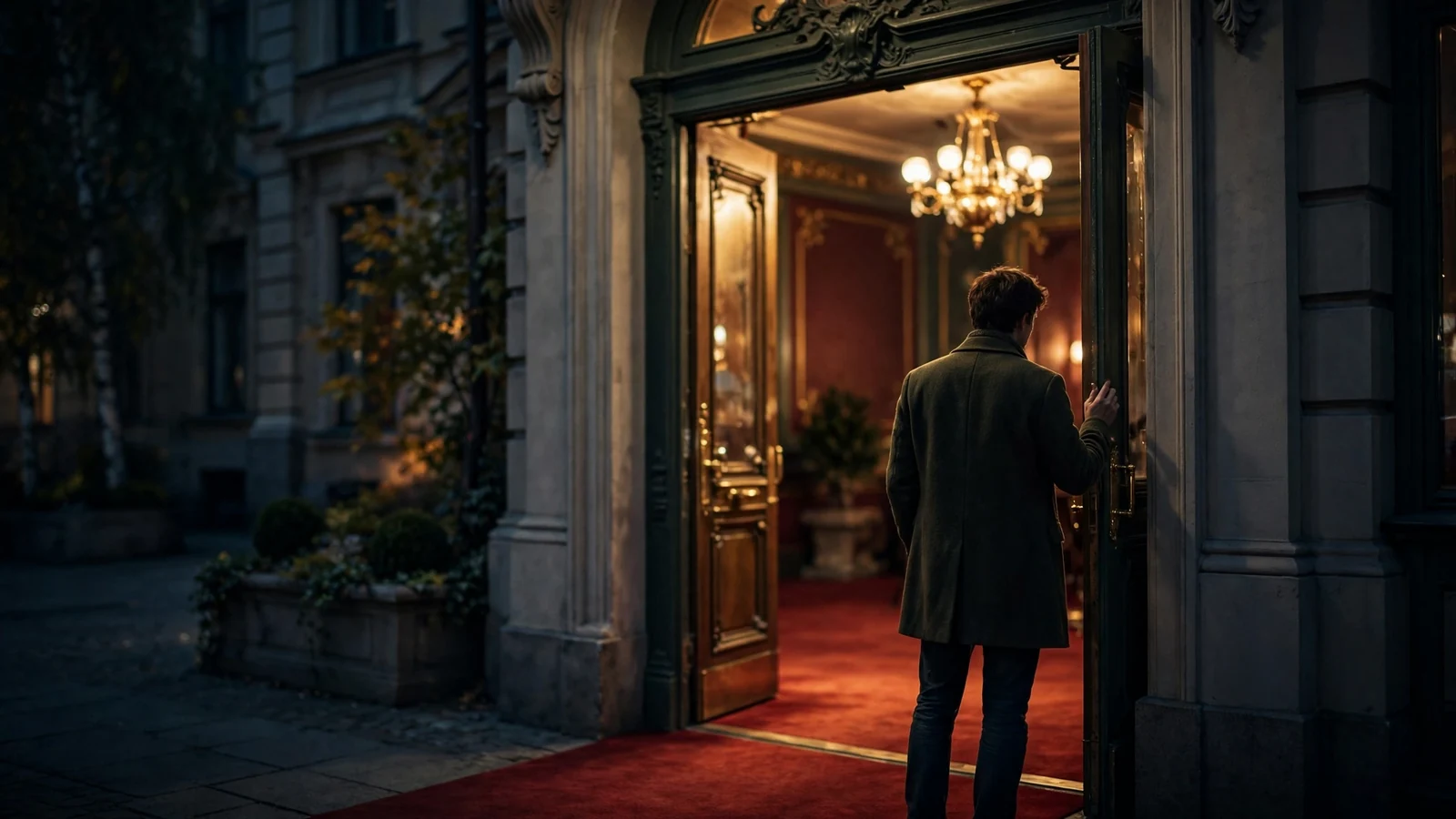 Person som tvekar vid ingången till ett upplyst casino