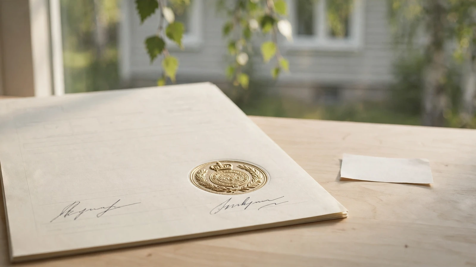 Officiellt dokument med stämpel och enkel etikett på skrivbord