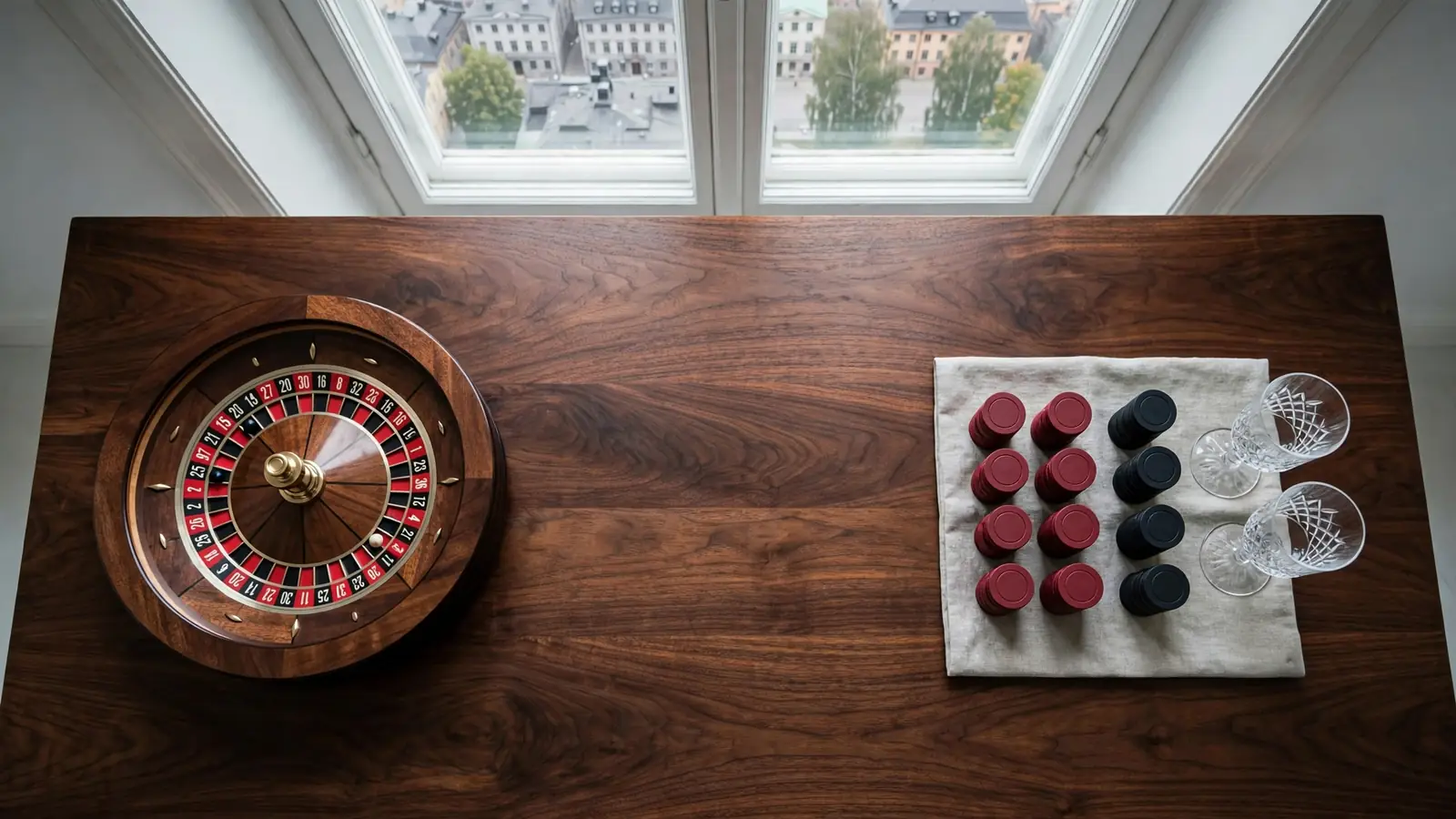 Roulettehjul och casinomarker på ett minimalistiskt skandinaviskt bord