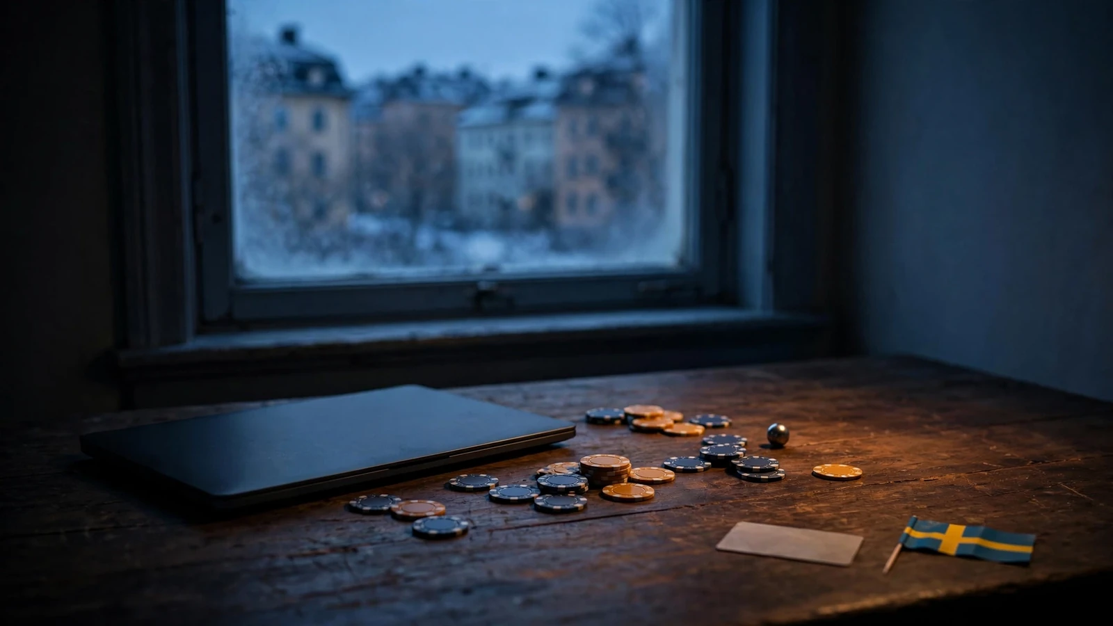 Mörkt skrivbord med stängd laptop, spelmarker och rouletthjul vid sidenfönster i skymning.
