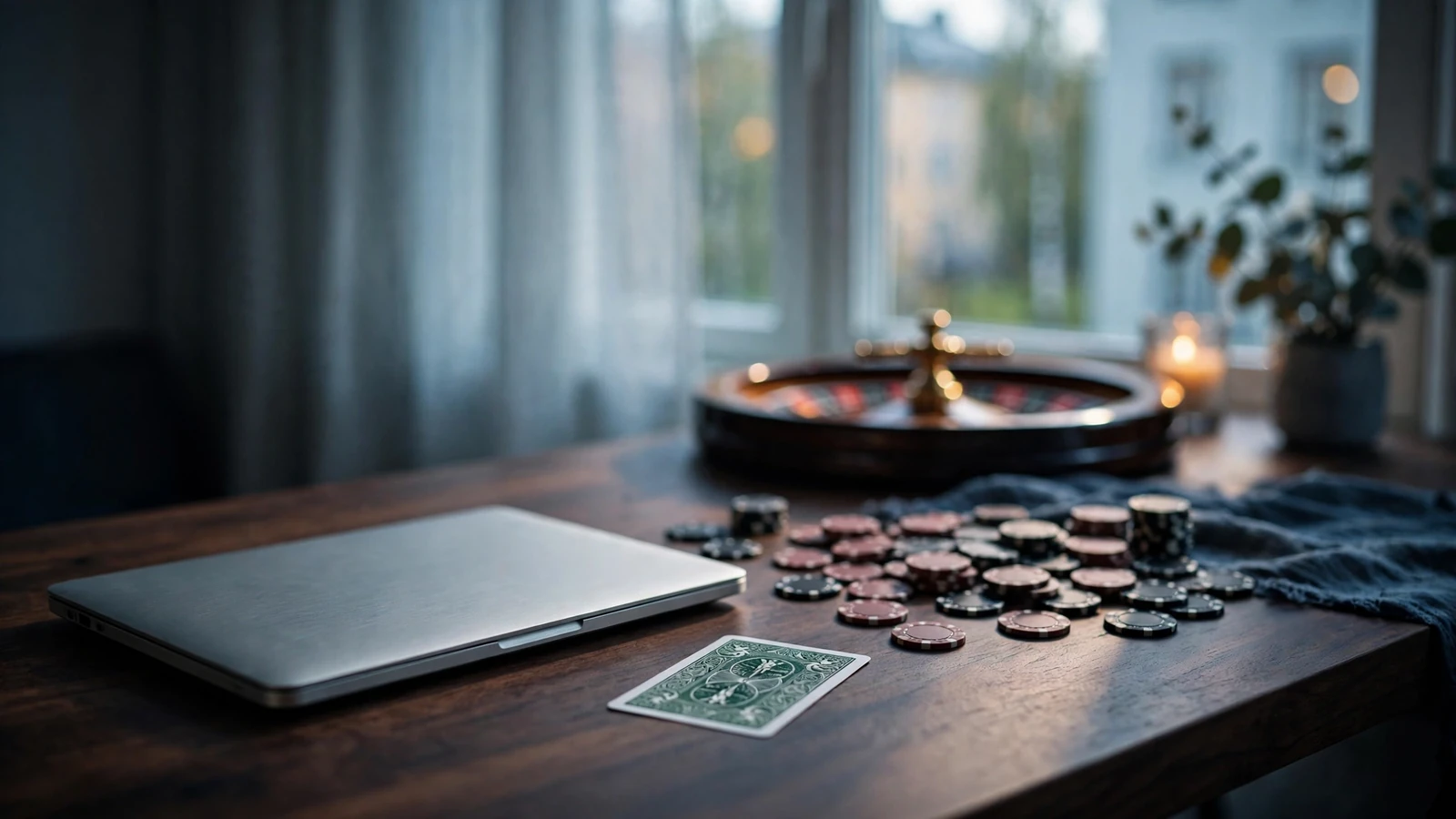 Stängd laptop, roulett och casinomarker på ett skrivbord