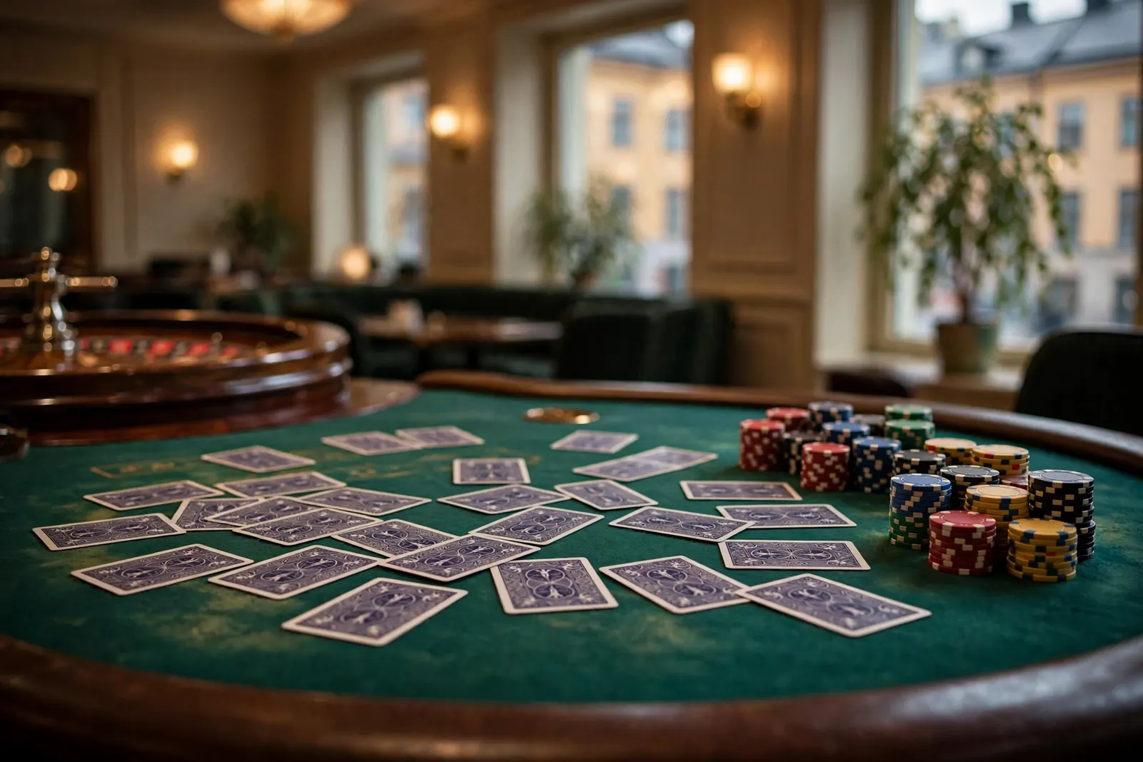 Kortlek och casinochips på ett grönt filtbord