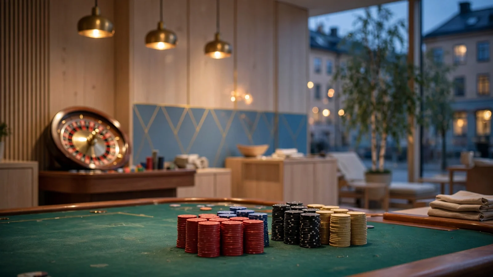 Elegant kasinolounge i Stockholm med roulettebord ochmarker