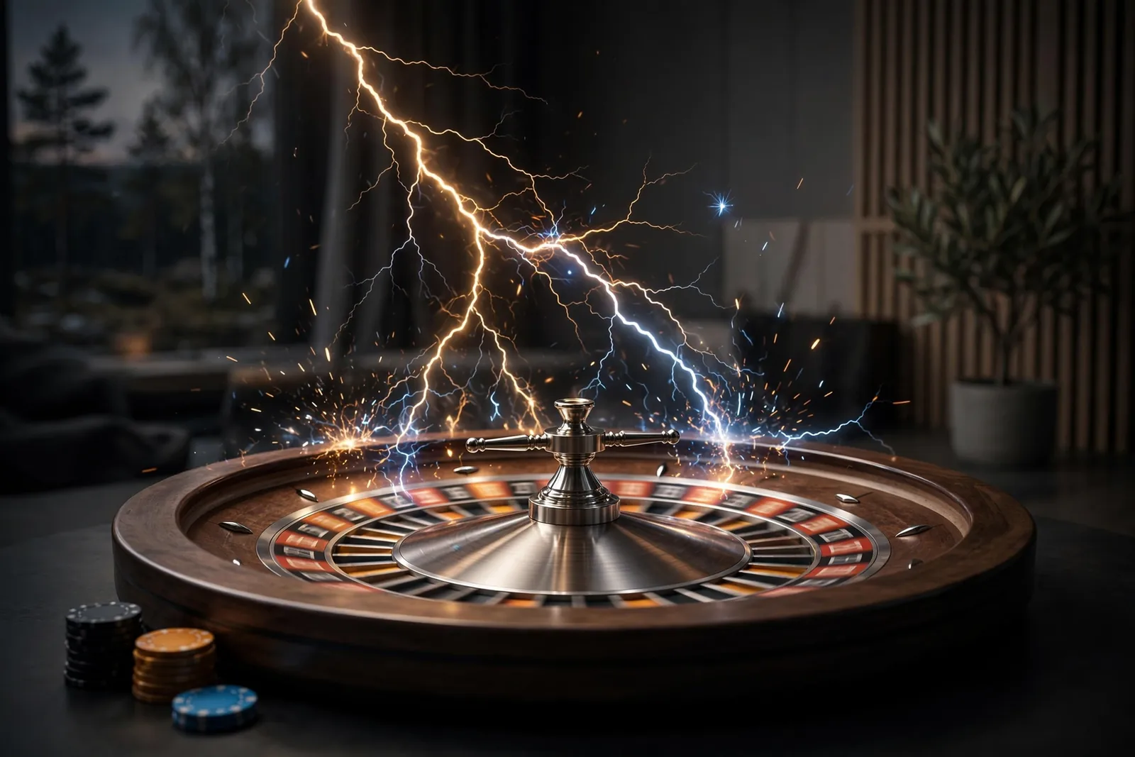 Elegant roulettehjul med elektriska blixtar i lyxig casinostudio