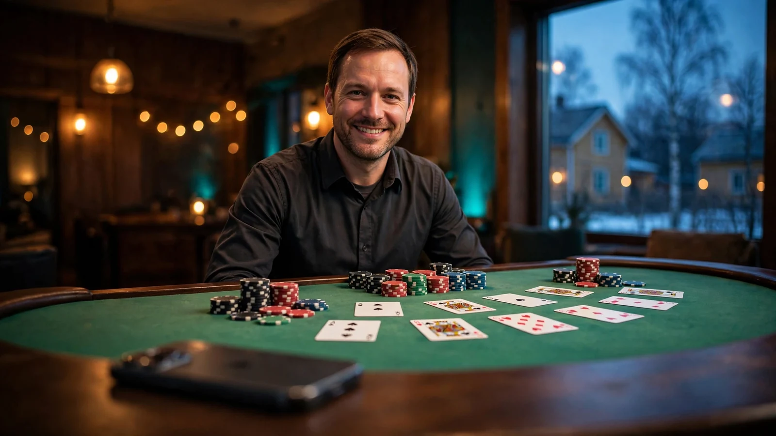 Live blackjack dealer vid ett casinobord med kort och marker