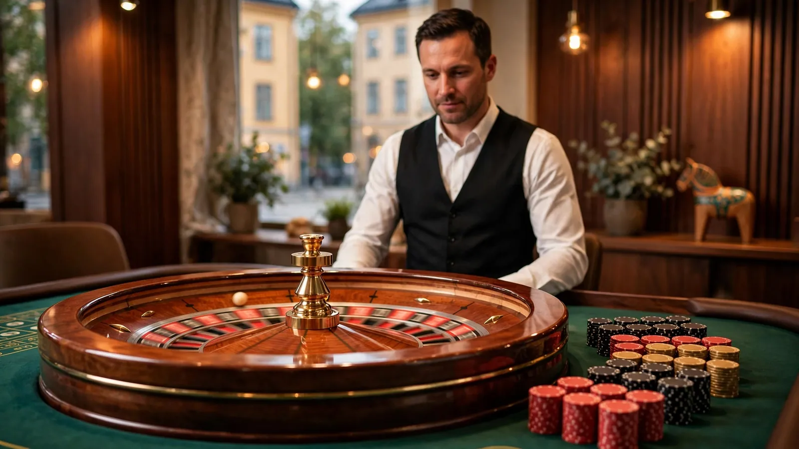 Professionell croupier vid ett snurrande roulettehjul i en elegant casinomiljö