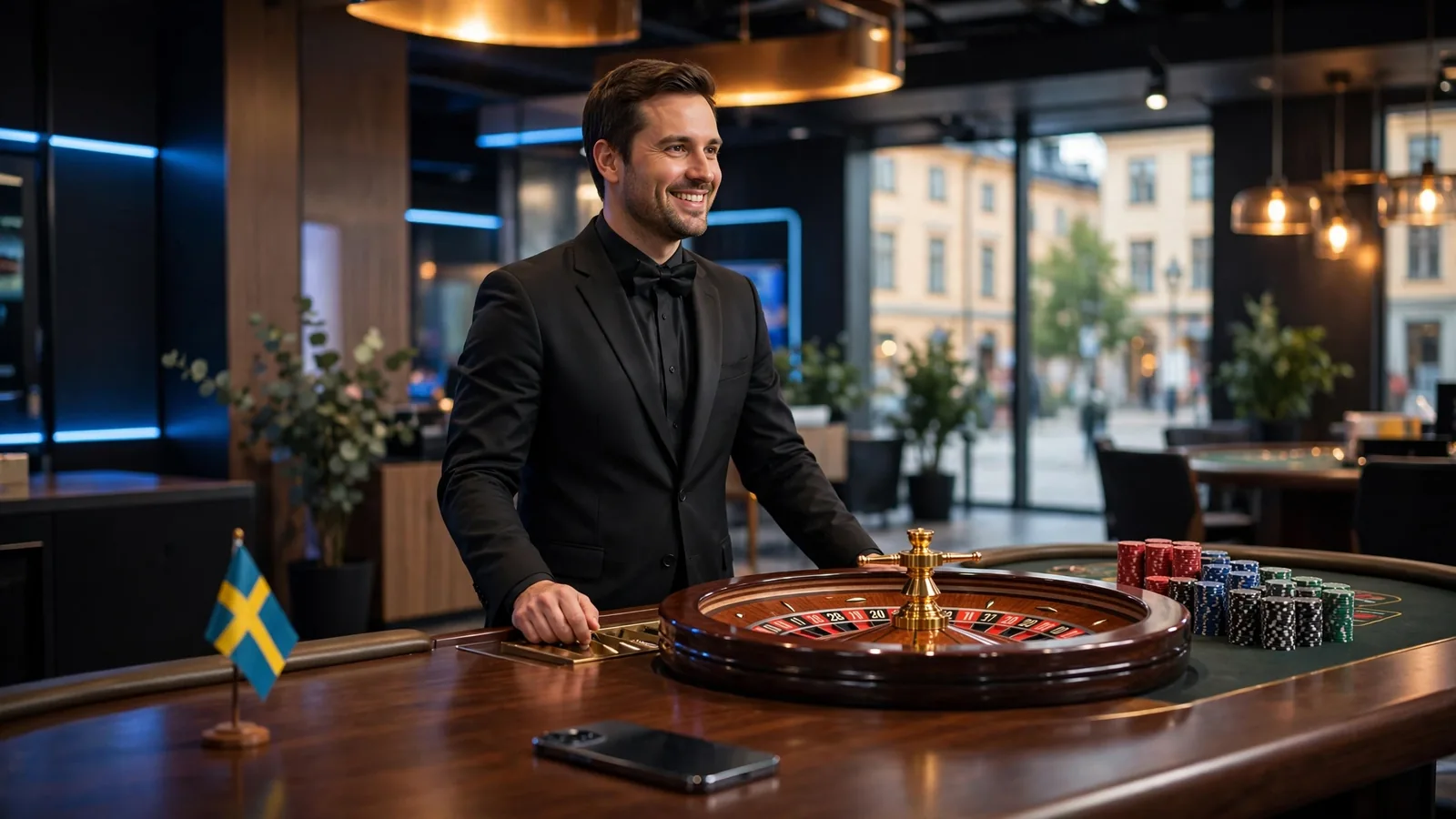 Live dealer i casinostudio med svensk flagga