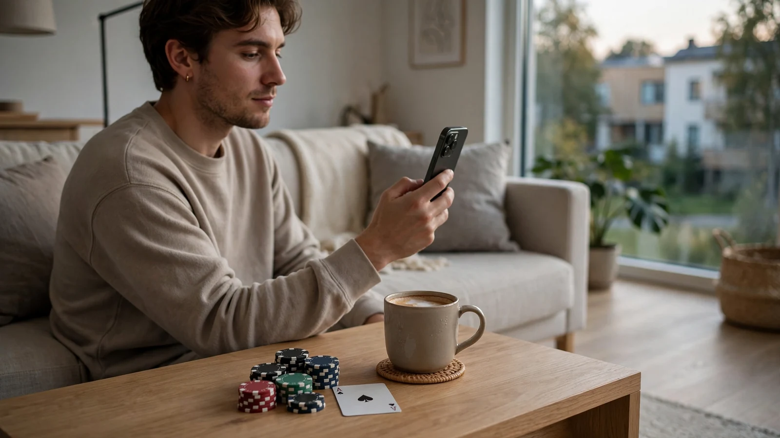 Person med smartphone i modernt svenskt hem, casinoföremål på bordet