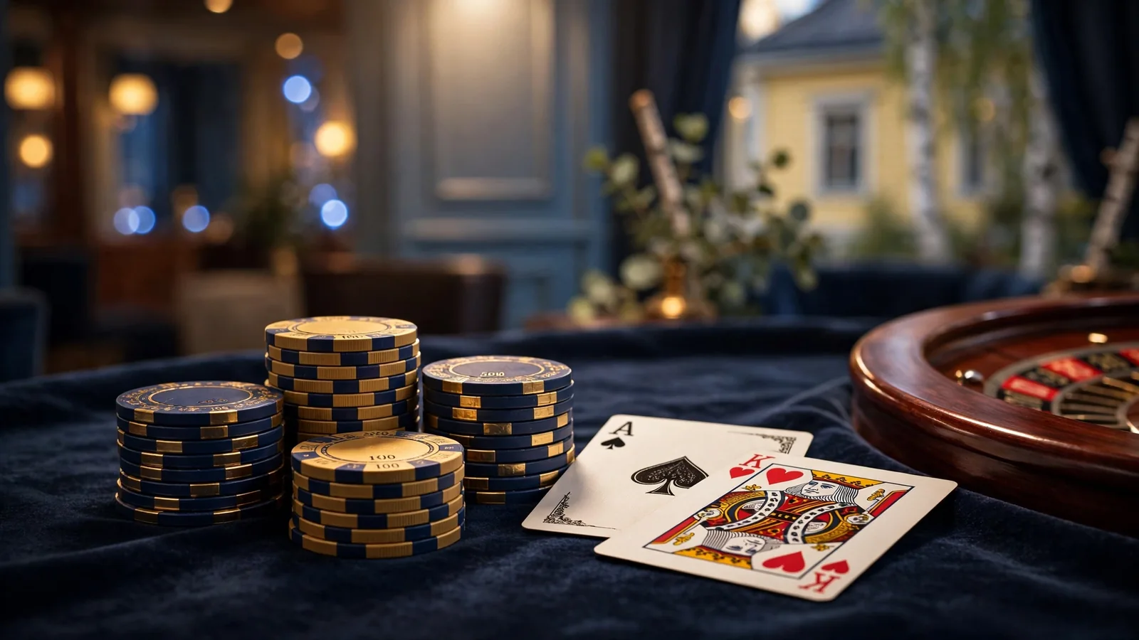 Stiliserat casinostilleben med marker, rouletthjul och kort i blå och guld toner