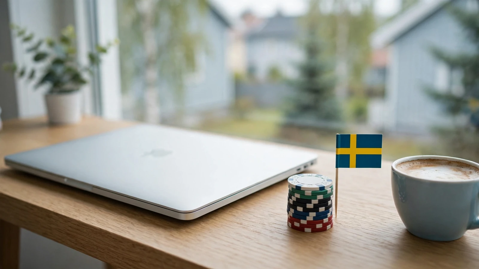 Modern skandinavisk arbetsplats med bärbar dator, kaffekopp och spelmarker