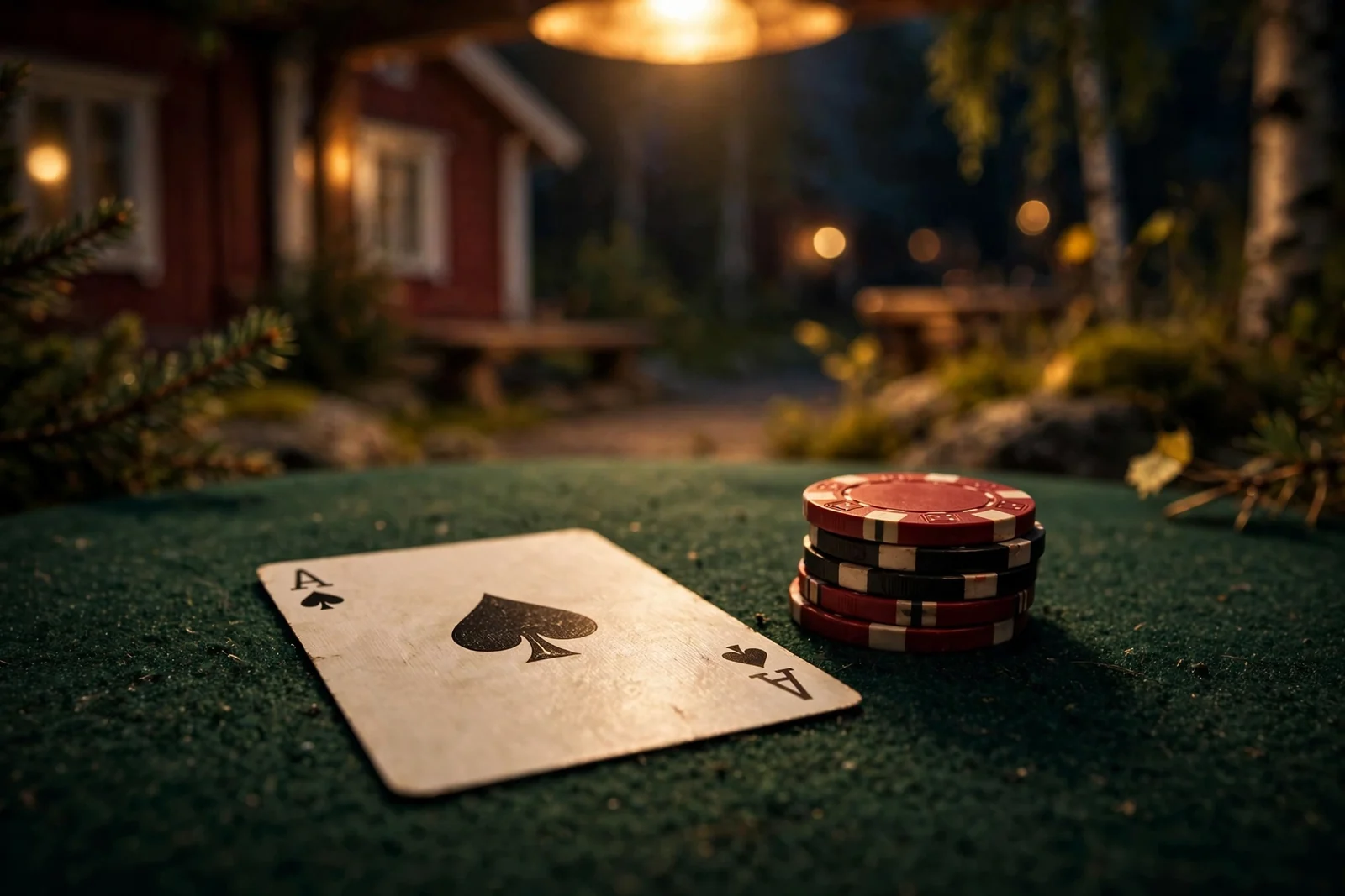 Närbild av ett ess i svart och casinopengar på grönt filtunderlag