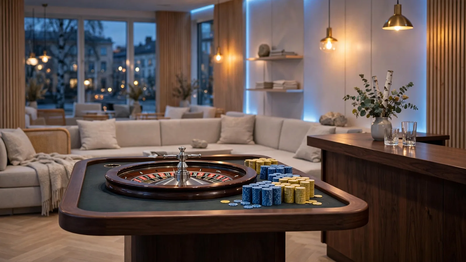 Elegant skandinavisk kasinolounge med roulettebord och färgade marker