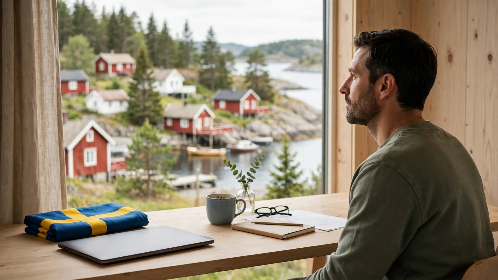Person vid skrivbord med stängd laptop och svensk kustby utanför fönstret