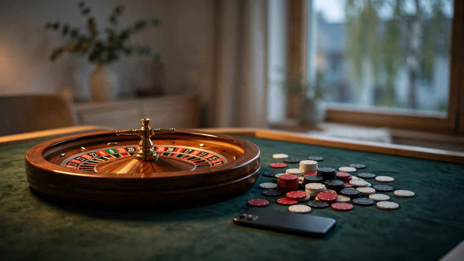 Roulettbord med casinomarker i en minimalistisk skandinavisk miljö
