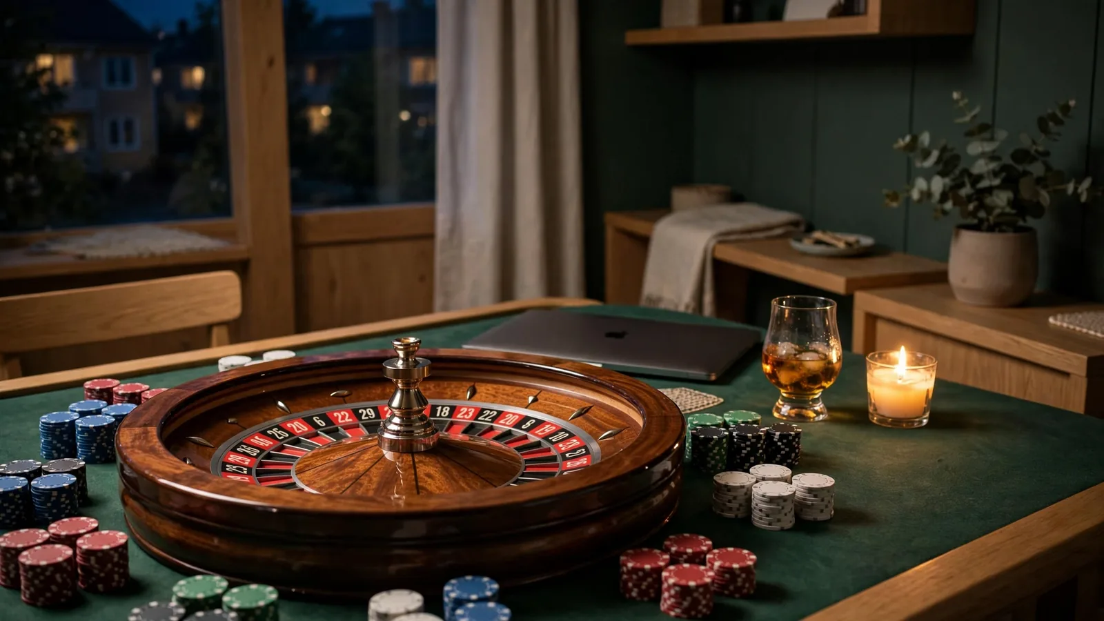 Roulettehjul och casinofärger på ett bord i ett svenskt hem.